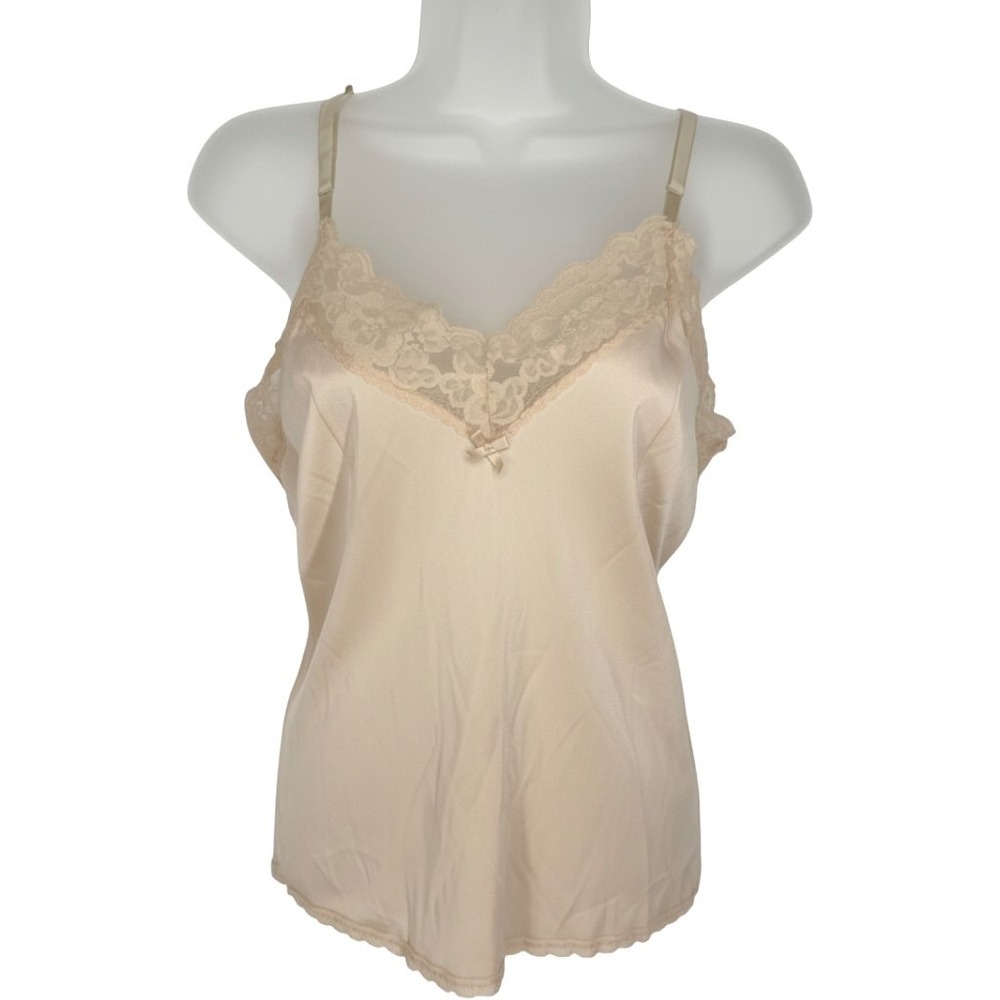 Vintage Lace Trim Camisole Nylon Tank Top S Beige Coquette Layering Bow Detail